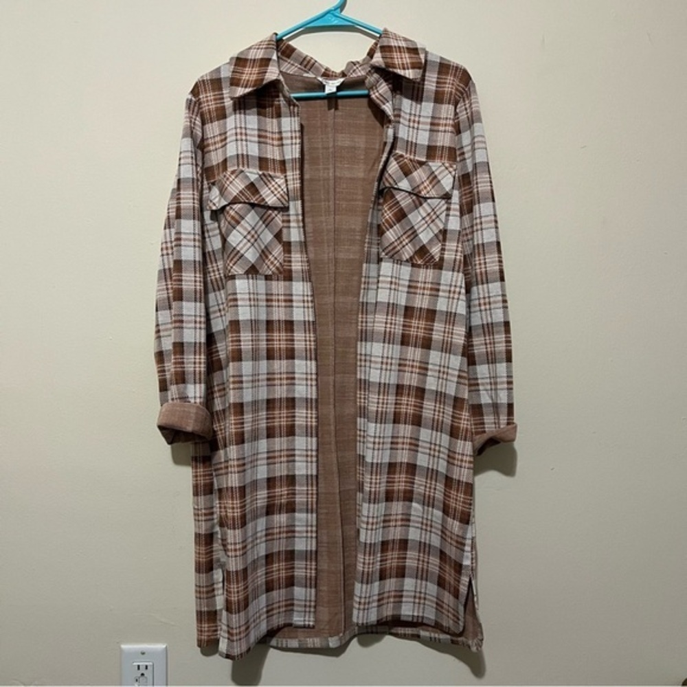cato | brown plaid midi length open cardigan | medium